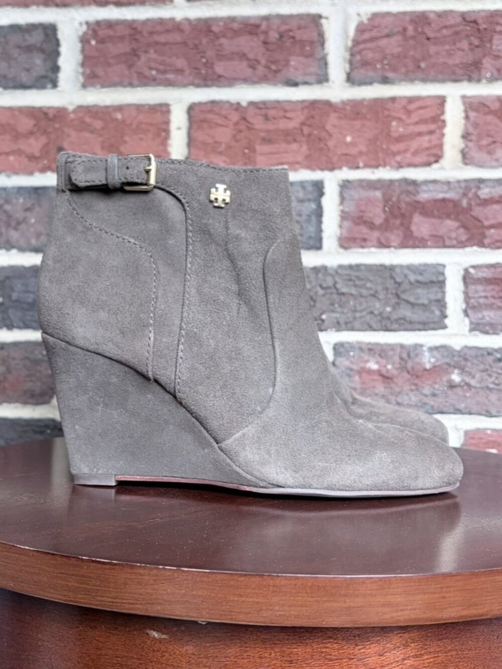 Tory Burch Milan Lan Grey Suede Wedge Booties Pewter Brown Ankle Boots NWOT